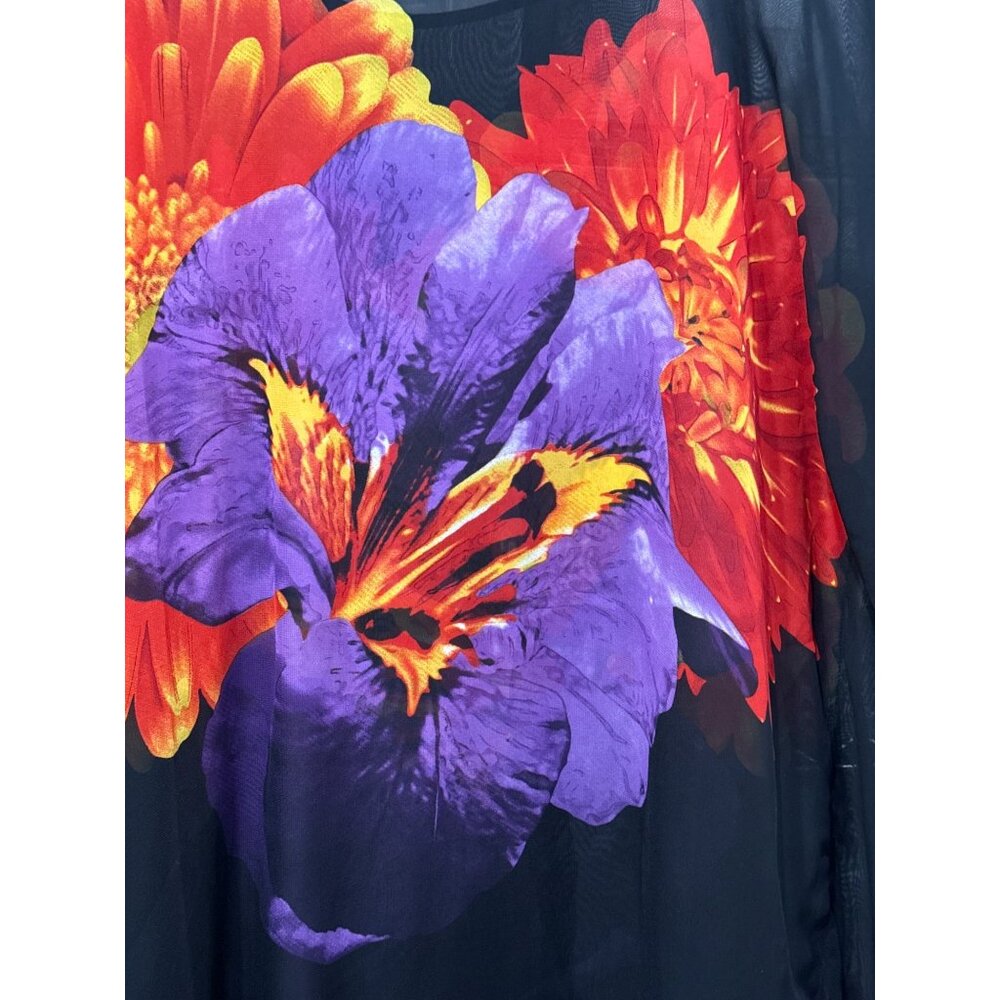 Susan Graver Black Floral Sheer Poncho Blouse Coverup Size L  Purple Red Flowers - Picture 2 of 5